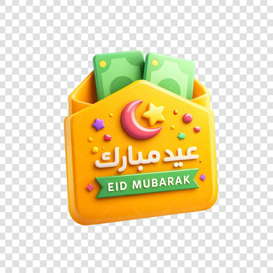 Elemento 3D Eid Mubarak Dinheiro Envelope PNG Fundo Transparente