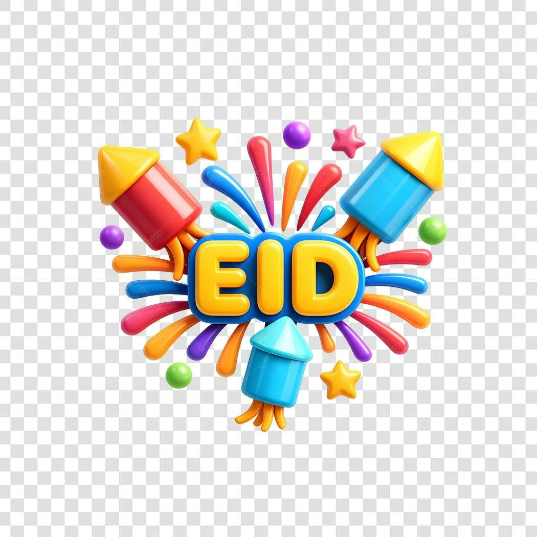 Elemento 3D Eid Mubarak Fogos Artifício Coloridos PNG Fundo Transparente