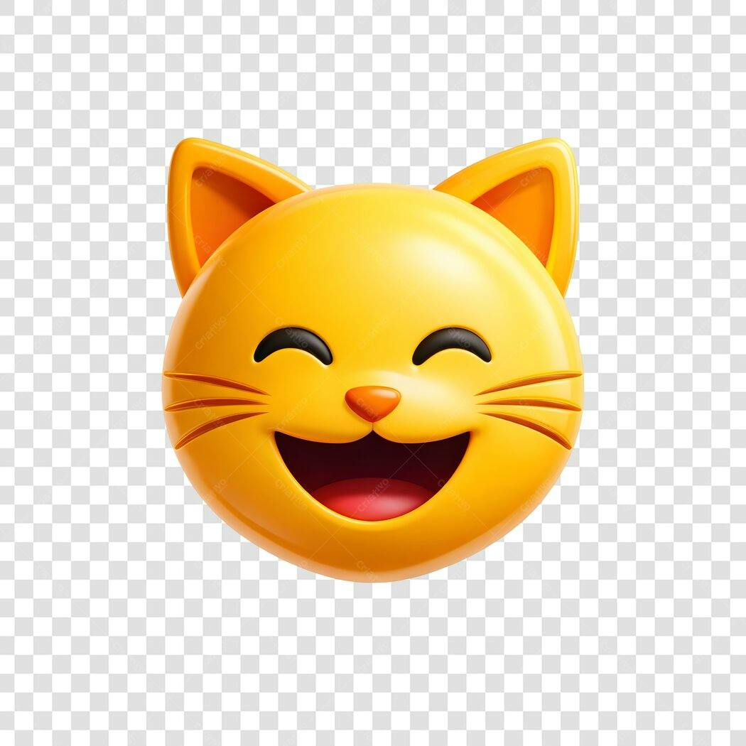 Elemento 3D Emoji Gato Rindo Feliz Amarelo PNG Fundo Transparente