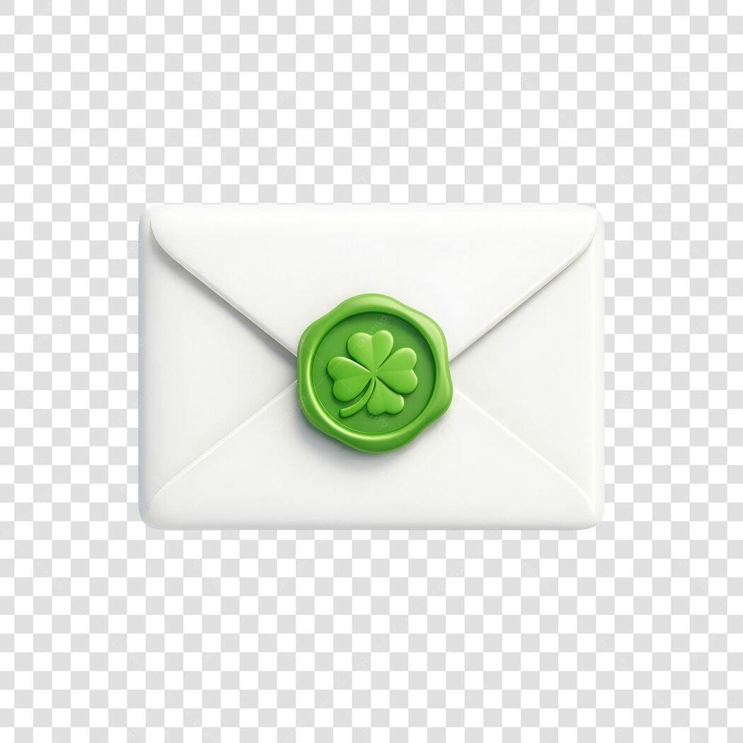 Elemento 3D Envelope Trevo Verde Dia de São Patrício PNG Fundo Transparente