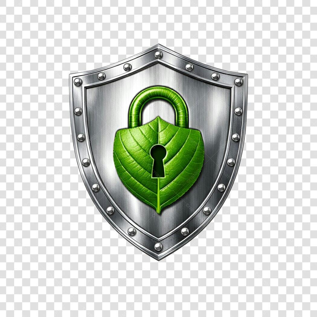 Elemento 3D Escudo Cadeado Folha Verde Segurança PNG Fundo Transparente