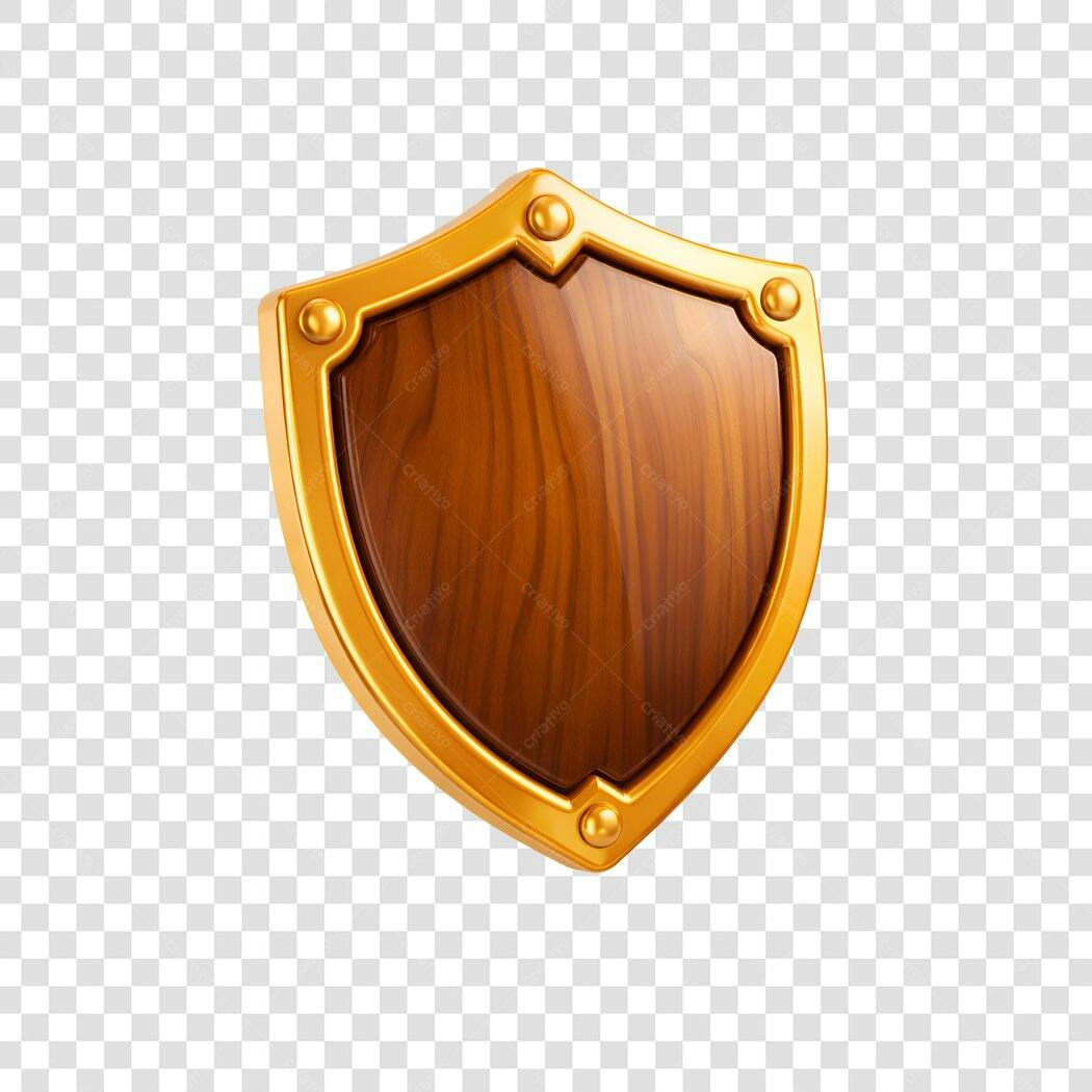 Elemento 3D Escudo Madeira Dourado Proteção PNG Fundo Transparente