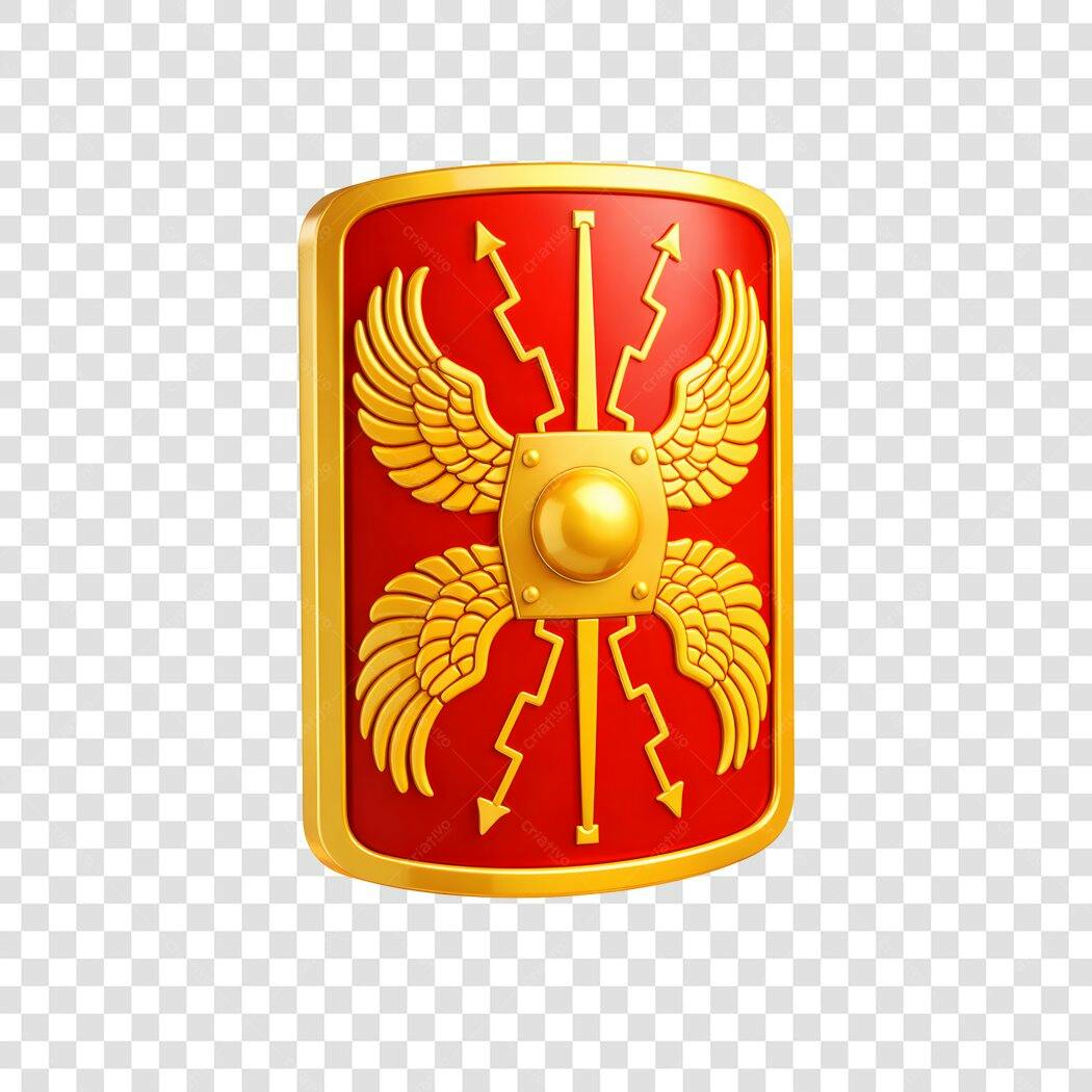 Elemento 3D Escudo Romano Vermelho Dourado PNG Fundo Transparente