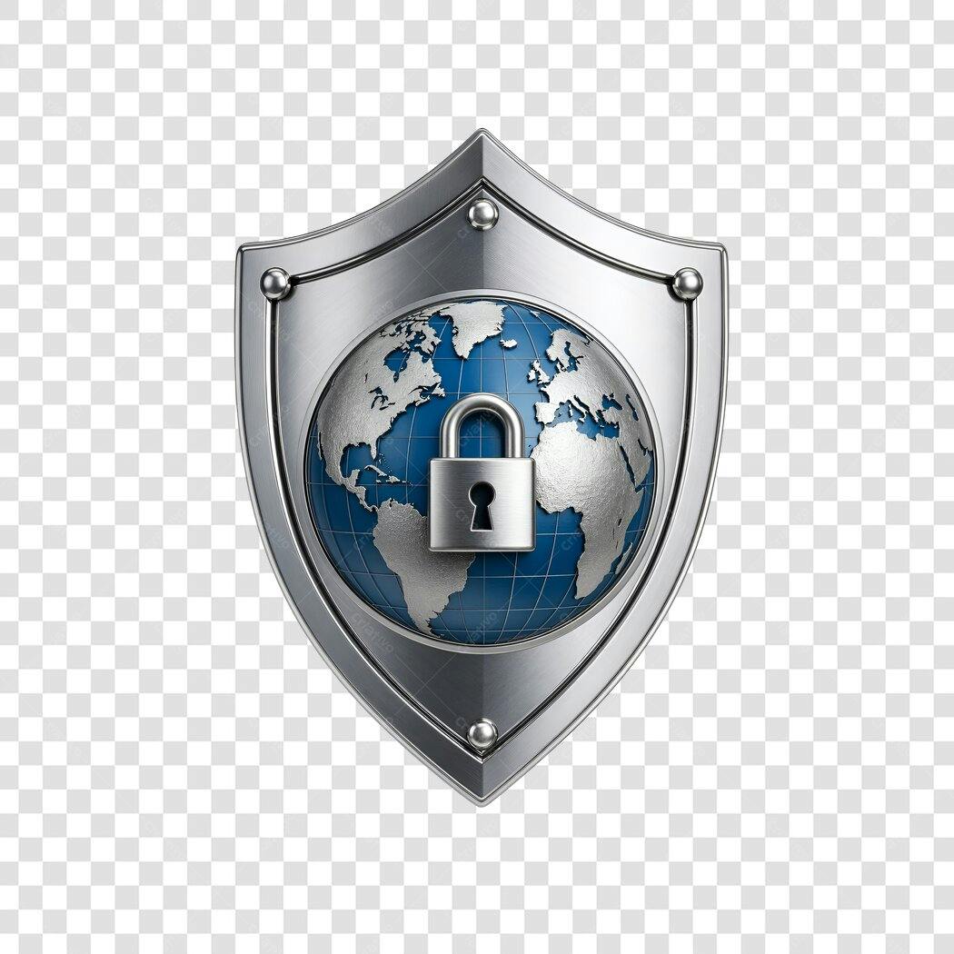 Elemento 3D Escudo Segurança Global Cadeado PNG Fundo Transparente