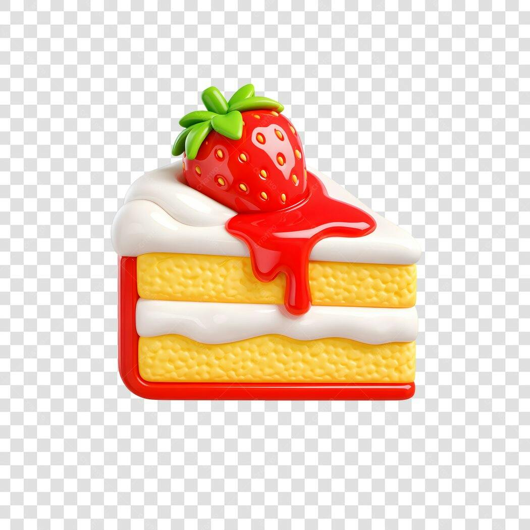 Elemento 3D Fatia Bolo Morango Chantilly PNG Fundo Transparente