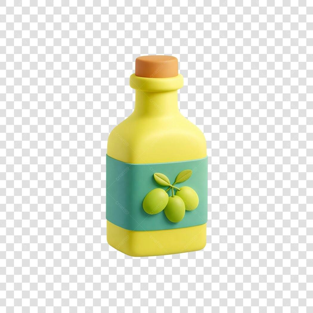 Elemento 3D Garrafa Azeite Olivas Amarelo PNG Fundo Transparente