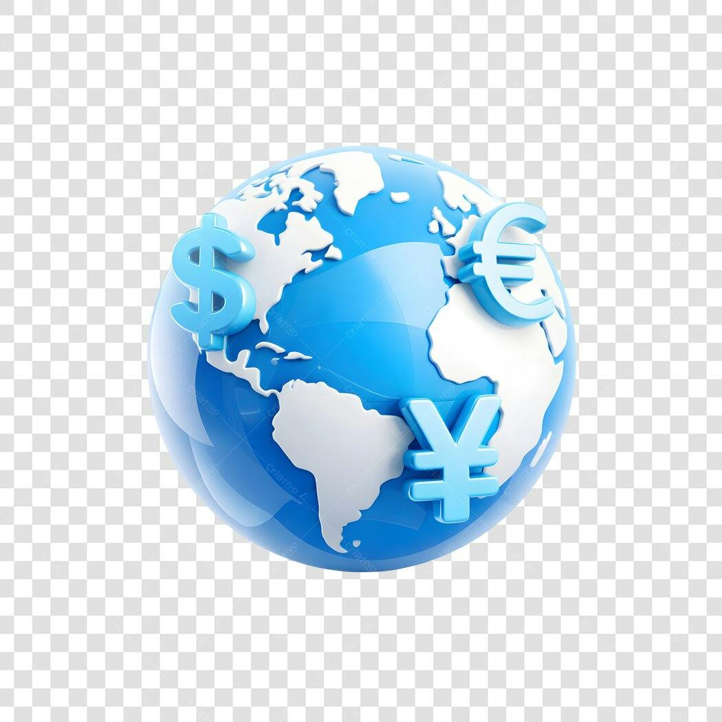 Elemento 3D Globo Terrestre Moedas Dólar Euro Yen PNG Fundo Transparente