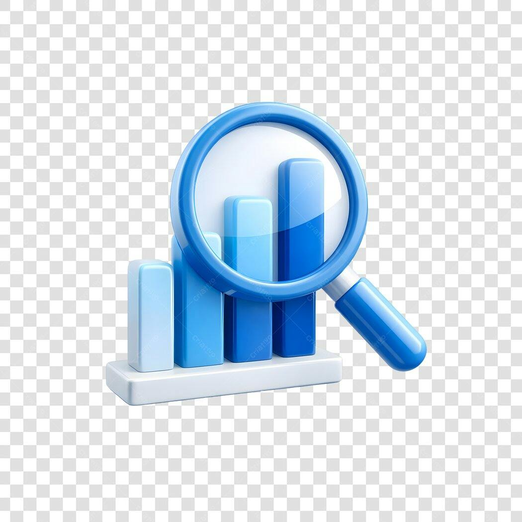 Elemento 3D Gráfico de Barras Lupa Azul PNG Fundo Transparente