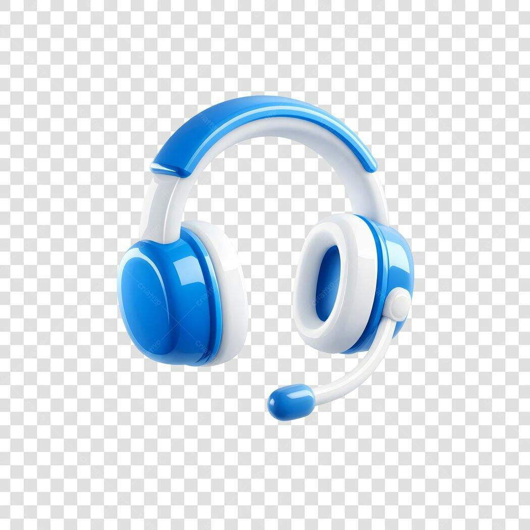 Elemento 3D Headset Azul Branco Microfone PNG Fundo Transparente