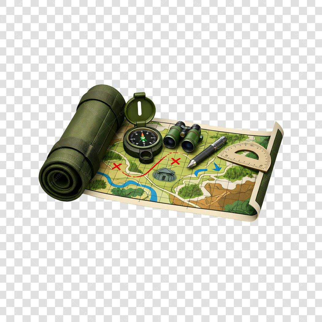 Elemento 3D Kit Aventura Mapa Bússola Binóculos PNG Fundo Transparente