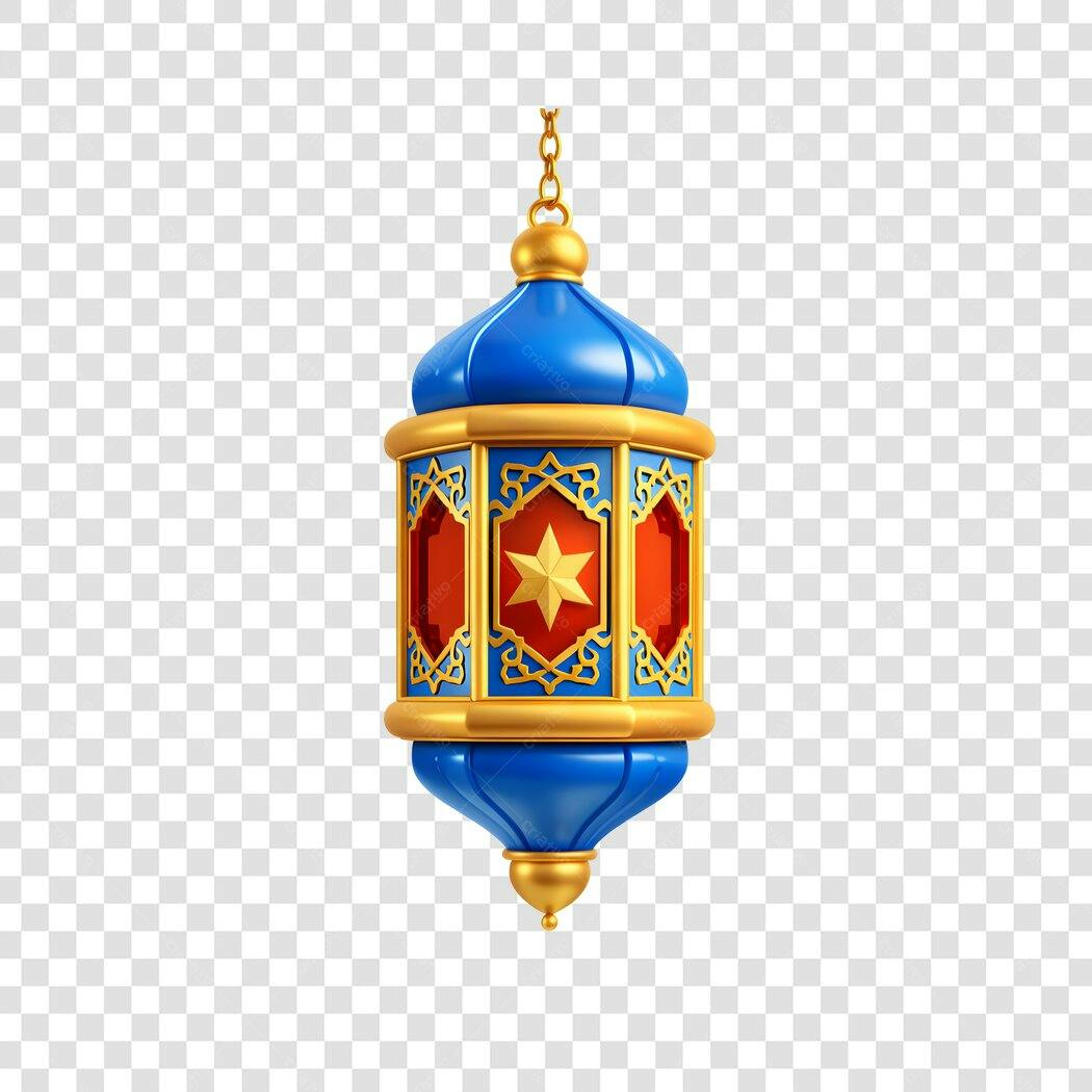 Elemento 3D Lanterna Árabe Dourada Azul PNG Fundo Transparente