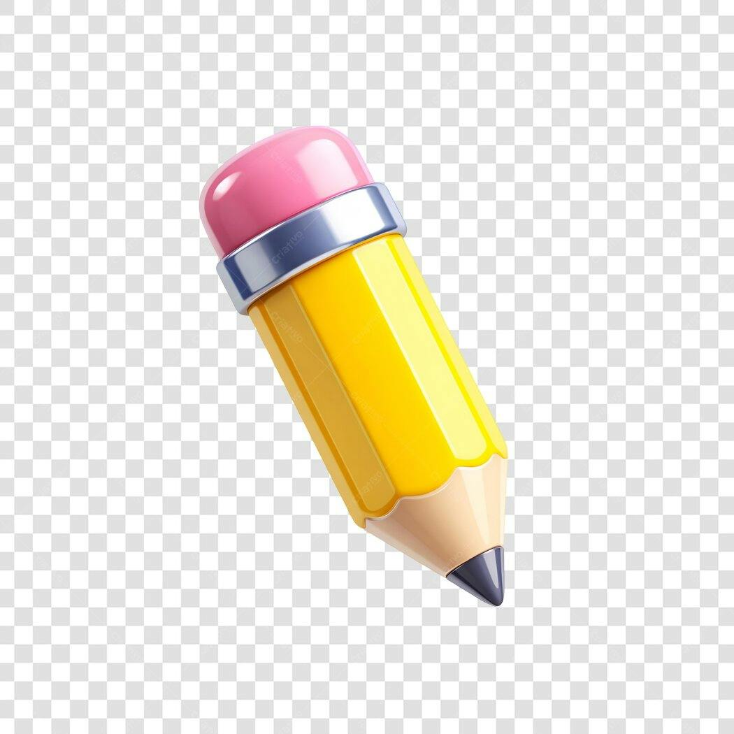 Elemento 3D Lápis Escolar Amarelo Rosa PNG Fundo Transparente