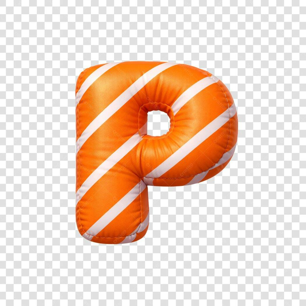 Elemento 3D Letra P Inflável Laranja Listras PNG Fundo Transparente