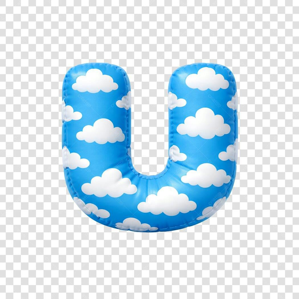 Elemento 3D Letra U Balão Nuvens Azul PNG Fundo Transparente