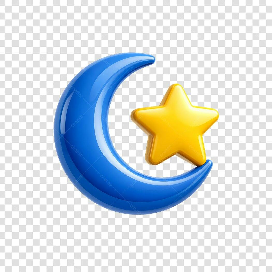 Elemento 3D Lua Azul Estrela Amarela PNG Fundo Transparente