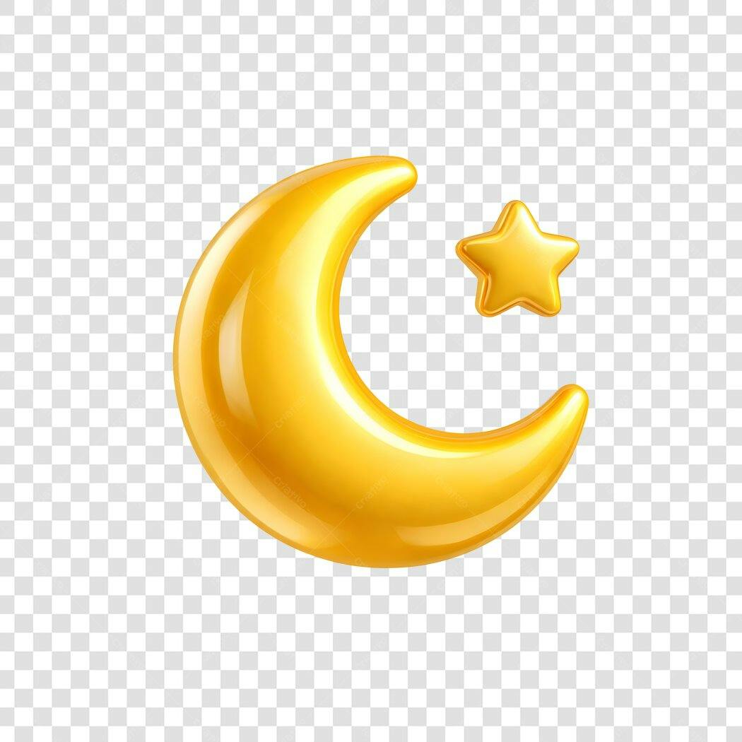 Elemento 3D Lua e Estrela Dourada Brilhante PNG Fundo Transparente