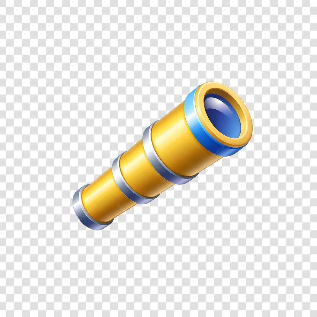 Elemento 3D Luneta Telescópio Dourado Azul PNG Fundo Transparente