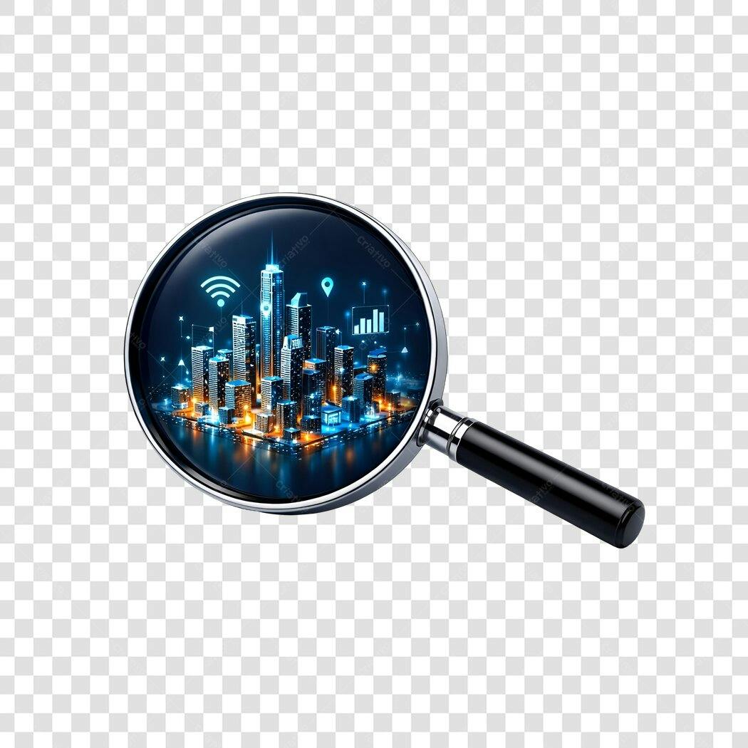 Elemento 3D Lupa Cidade Inteligente Tecnologia PNG Fundo Transparente