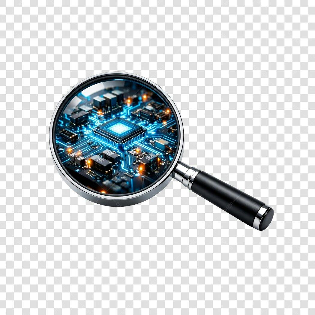 Elemento 3D Lupa Tecnologia Circuito Azul PNG Fundo Transparente