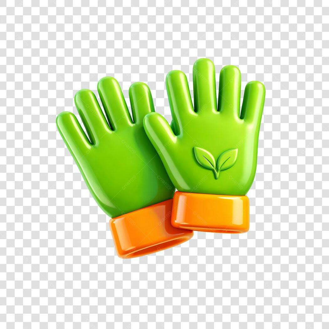 Elemento 3D Luvas de Jardinagem Verdes Laranjas PNG Fundo Transparente