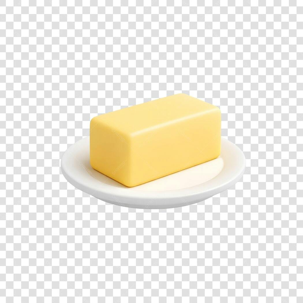 Elemento 3D Manteiga Amarela Prato Branco PNG Fundo Transparente