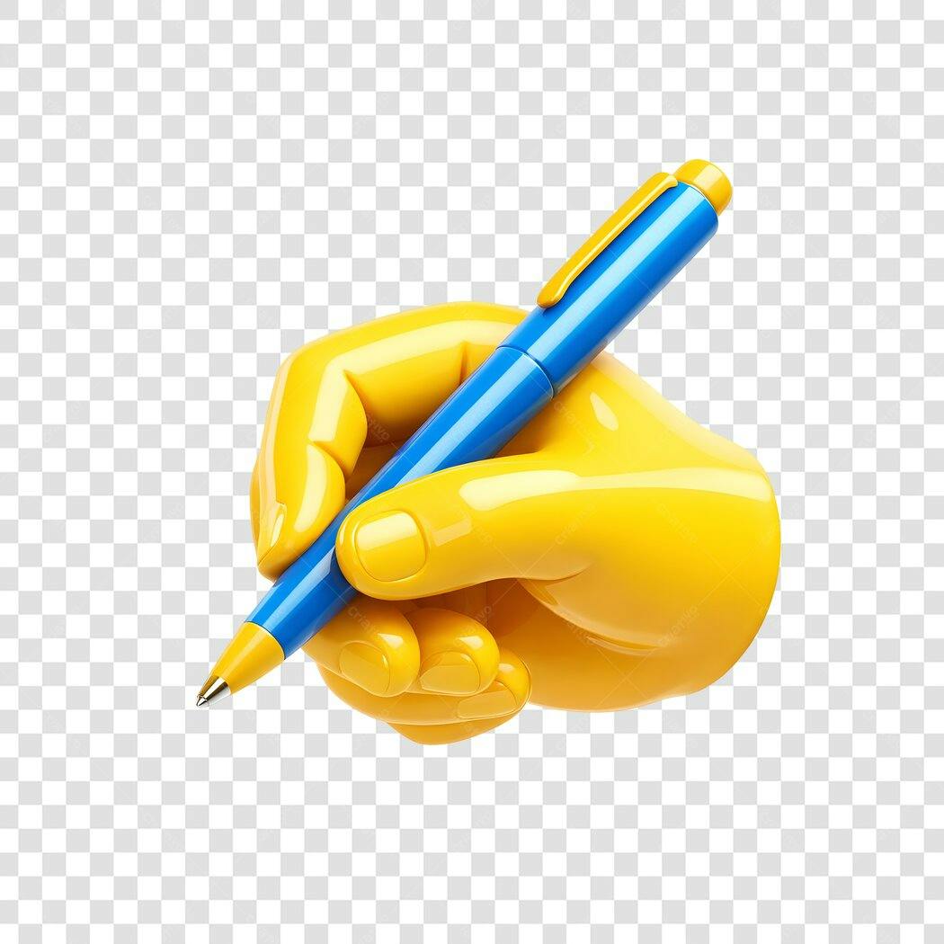 Elemento 3D Mão Amarela Escrevendo Caneta PNG Fundo Transparente