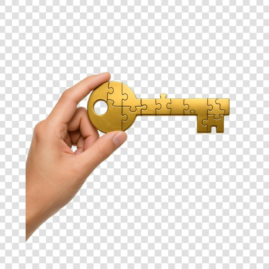Elemento 3D Mão Segurando Chave Quebra-Cabeça Dourada PNG Fundo Transparente