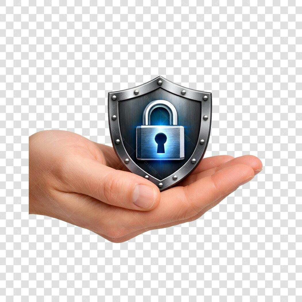 Elemento 3D Mão Segurando Escudo Cadeado Segurança PNG Fundo Transparente