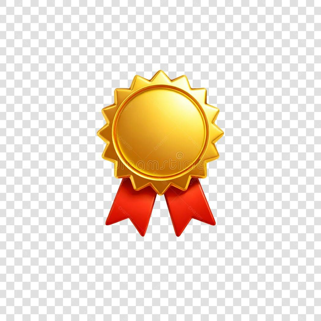 Elemento 3D Medalha Dourada com Fita Vermelha PNG Fundo Transparente