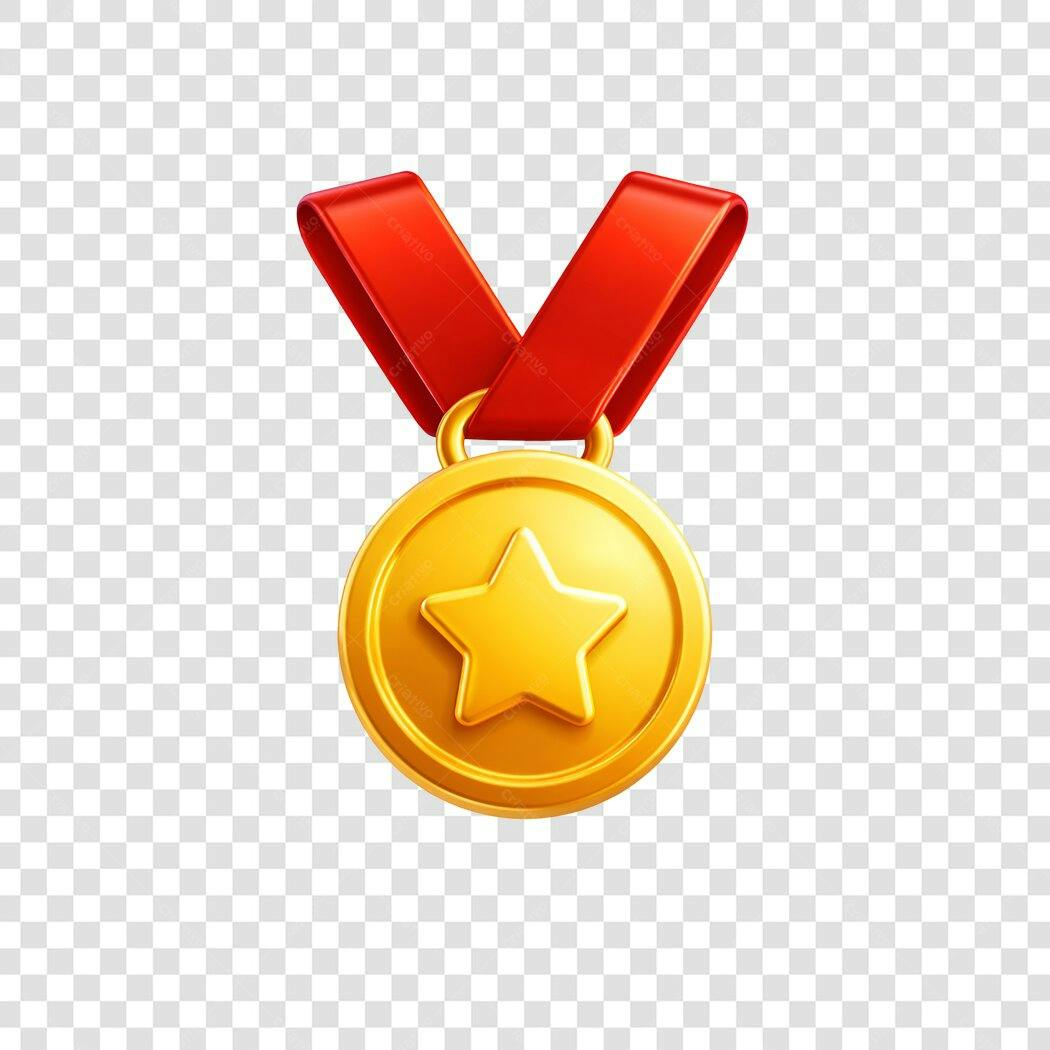 Elemento 3D Medalha Dourada com Fita Vermelha PNG Fundo Transparente