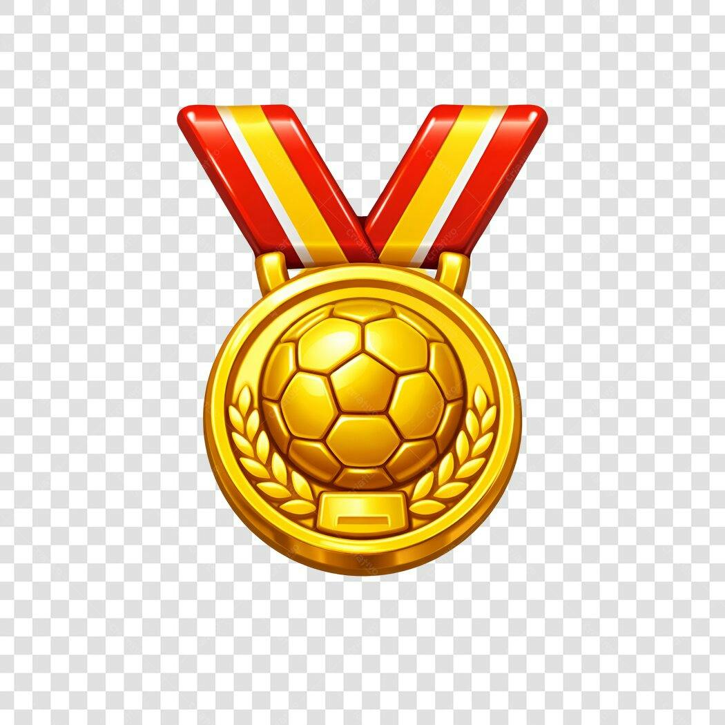 Elemento 3D Medalha Futebol Dourada Fita Vermelha PNG Fundo Transparente
