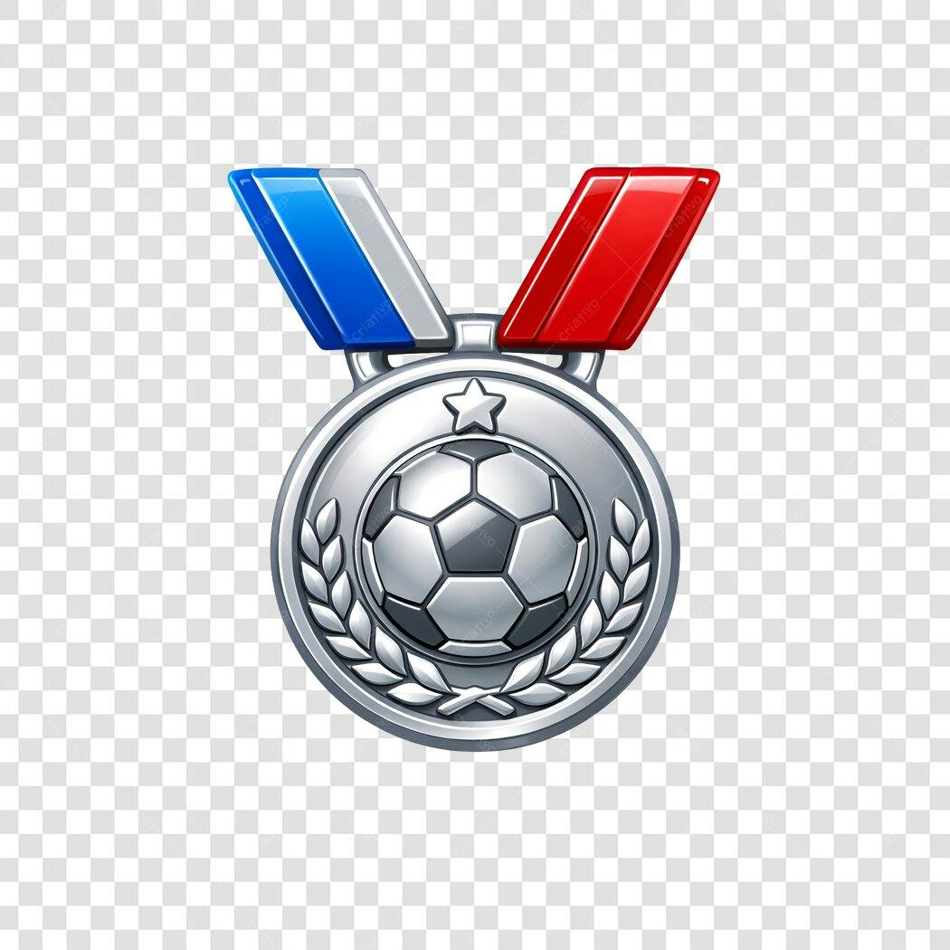 Elemento 3D Medalha Futebol Prata Vermelho Azul PNG Fundo Transparente