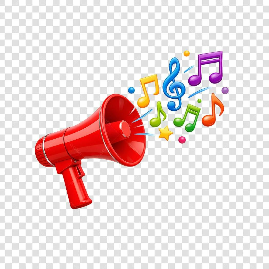 Elemento 3D Megafone Vermelho Notas Musicais PNG Fundo Transparente