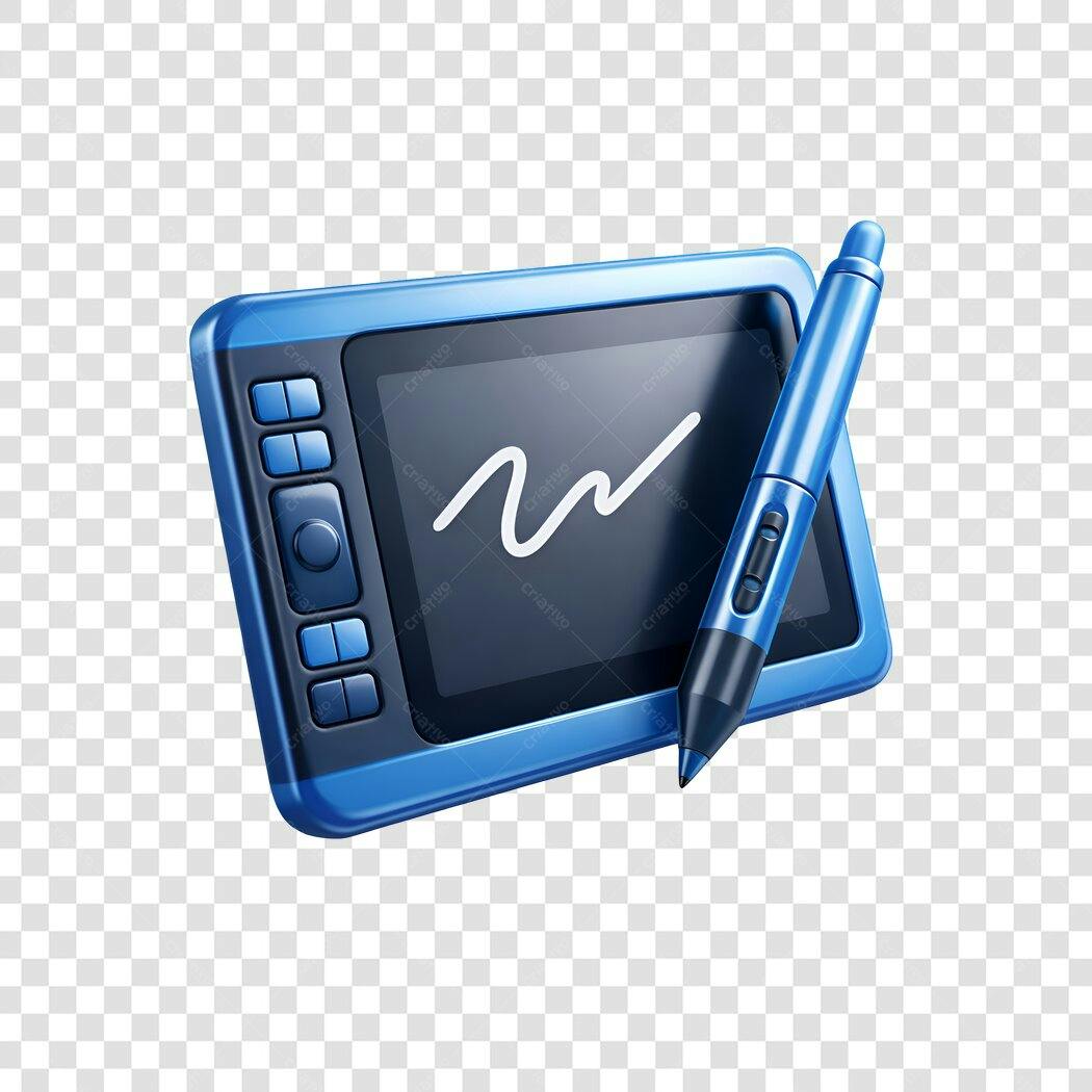 Elemento 3D Mesa Digitalizadora Caneta Azul PNG Fundo Transparente