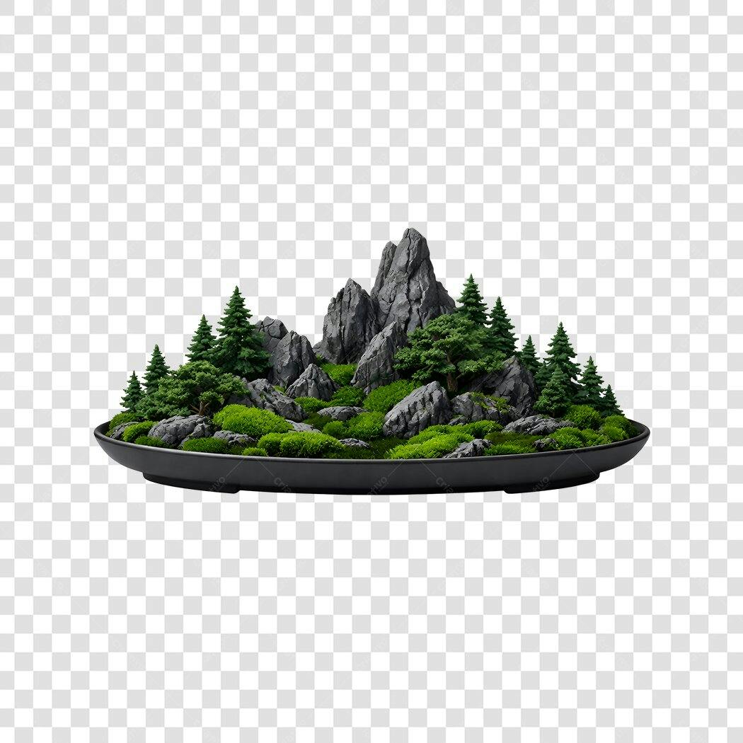 Elemento 3D Miniatura Paisagem Bonsai Rochas PNG Fundo Transparente