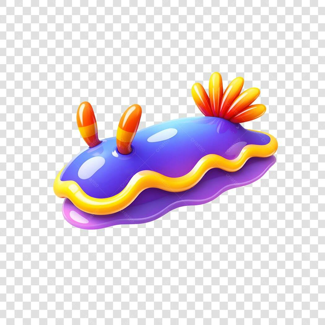 Elemento 3D Nudibrânquio Marinho Roxo Amarelo PNG Fundo Transparente
