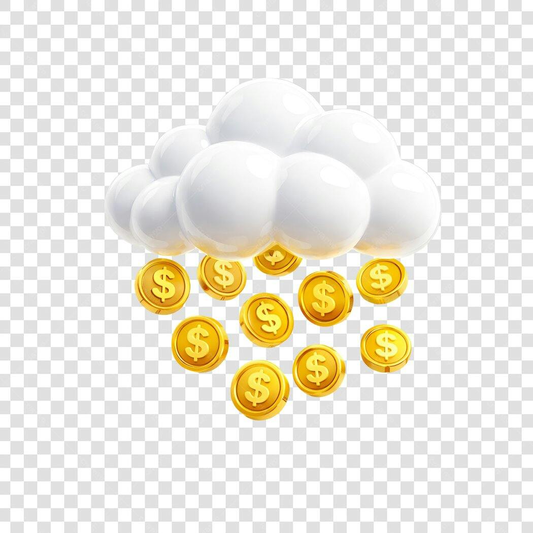 Elemento 3D Nuvem Chuva Dinheiro Moedas Douradas PNG Fundo Transparente
