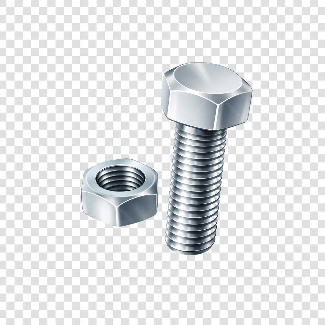 Elemento 3D Parafuso e Porca Metal Prata PNG Fundo Transparente
