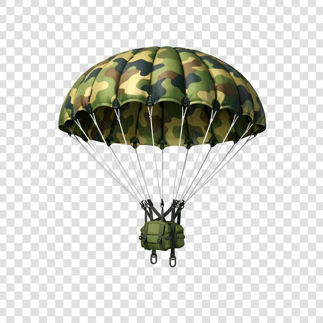 Elemento 3D Paraquedas Camuflado Militar PNG Fundo Transparente