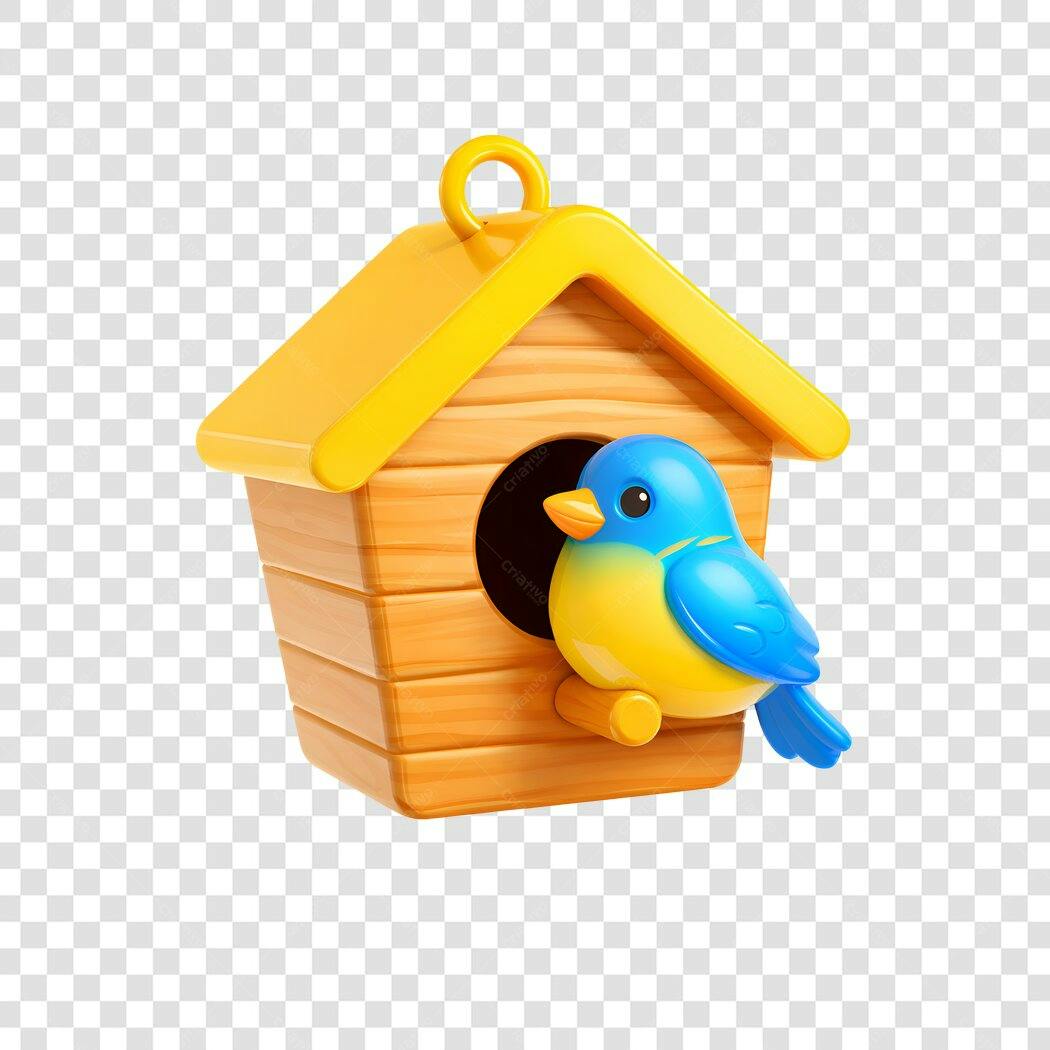 Elemento 3D Passarinho Azul Casa de Pássaro PNG Fundo Transparente