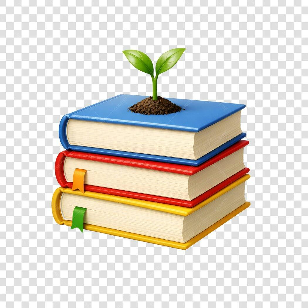 Elemento 3D Pilha Livros Broto Crescendo PNG Fundo Transparente