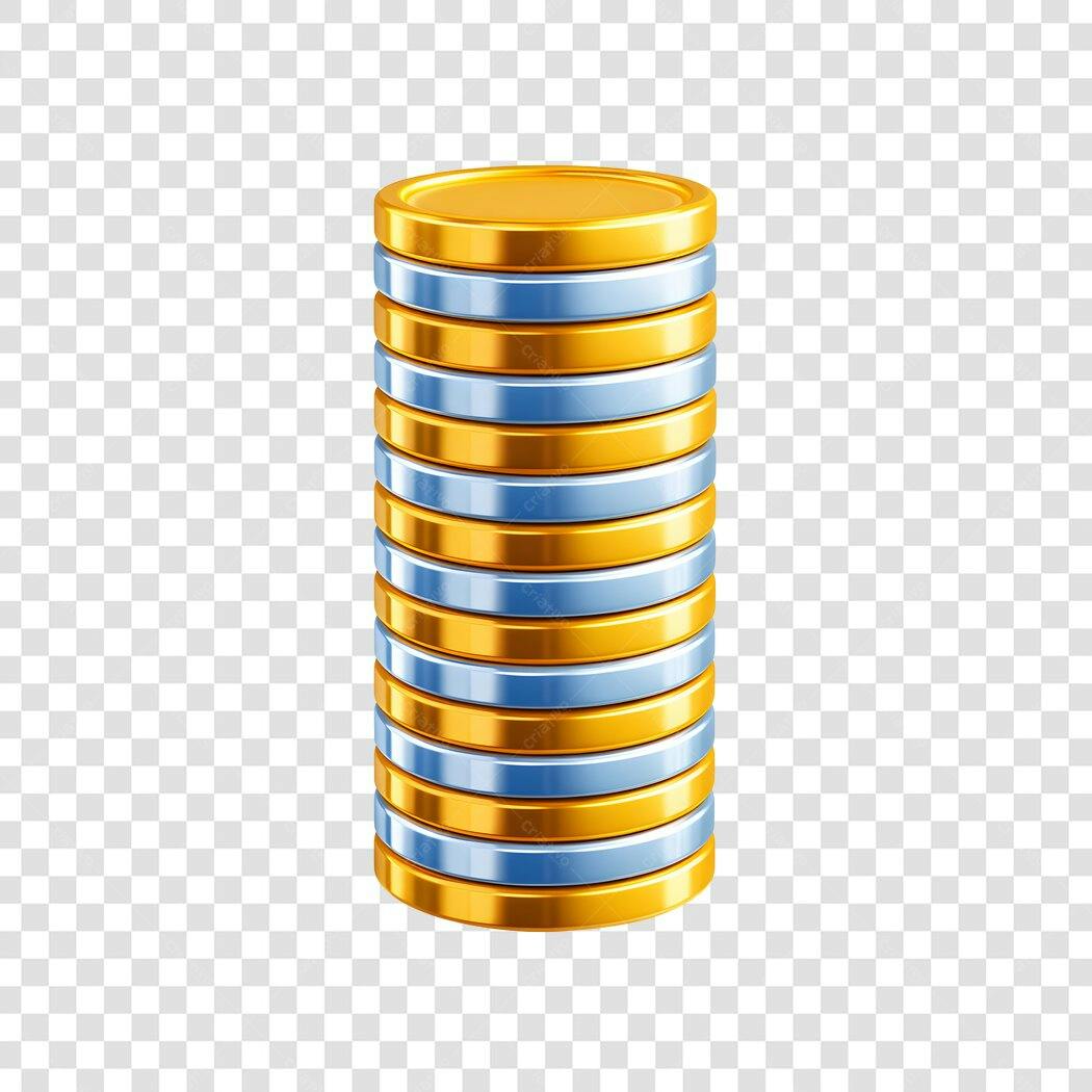 Elemento 3D Pilha Moedas Douradas Azuis PNG Fundo Transparente