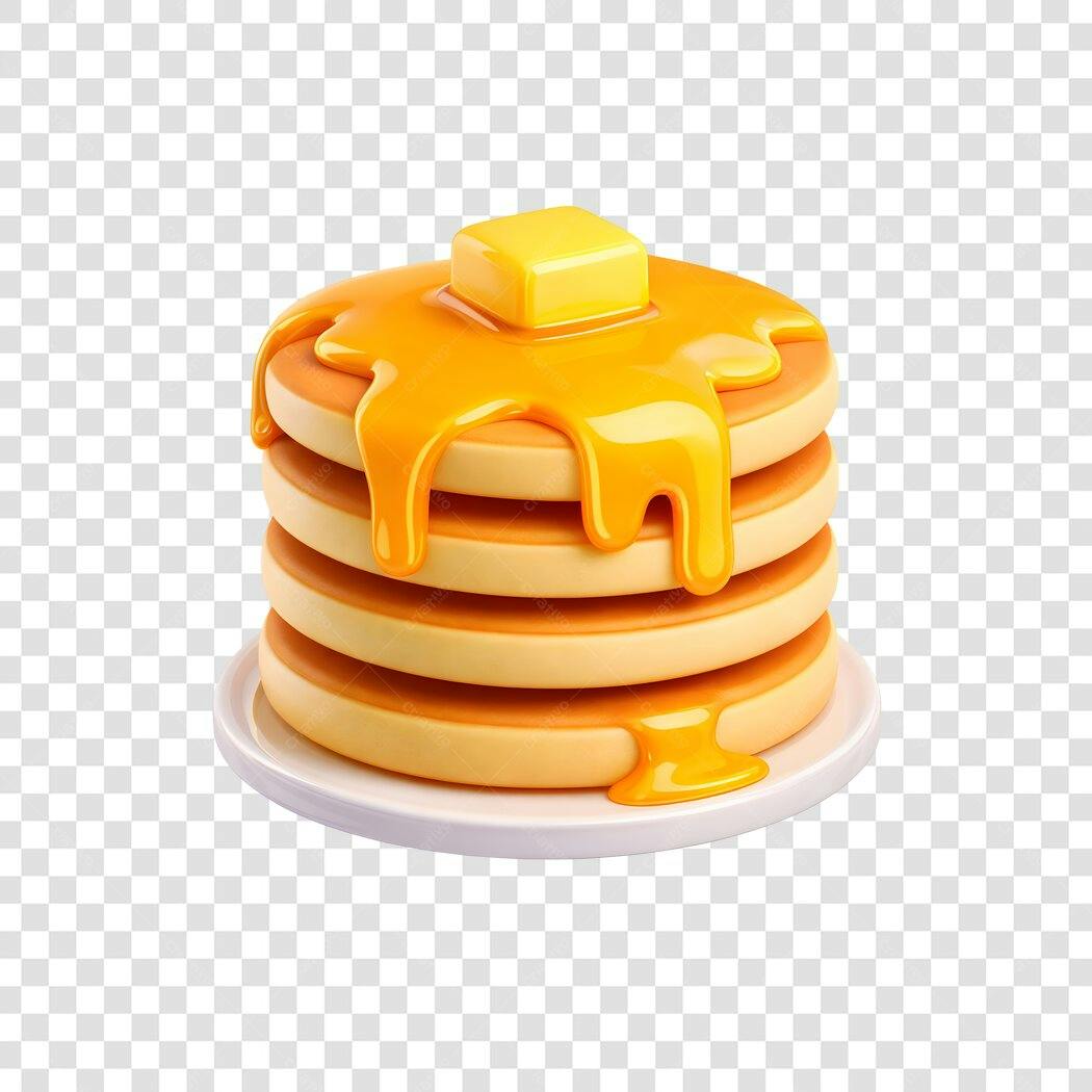 Elemento 3D Pilha Panquecas Manteiga Calda Mel PNG Fundo Transparente