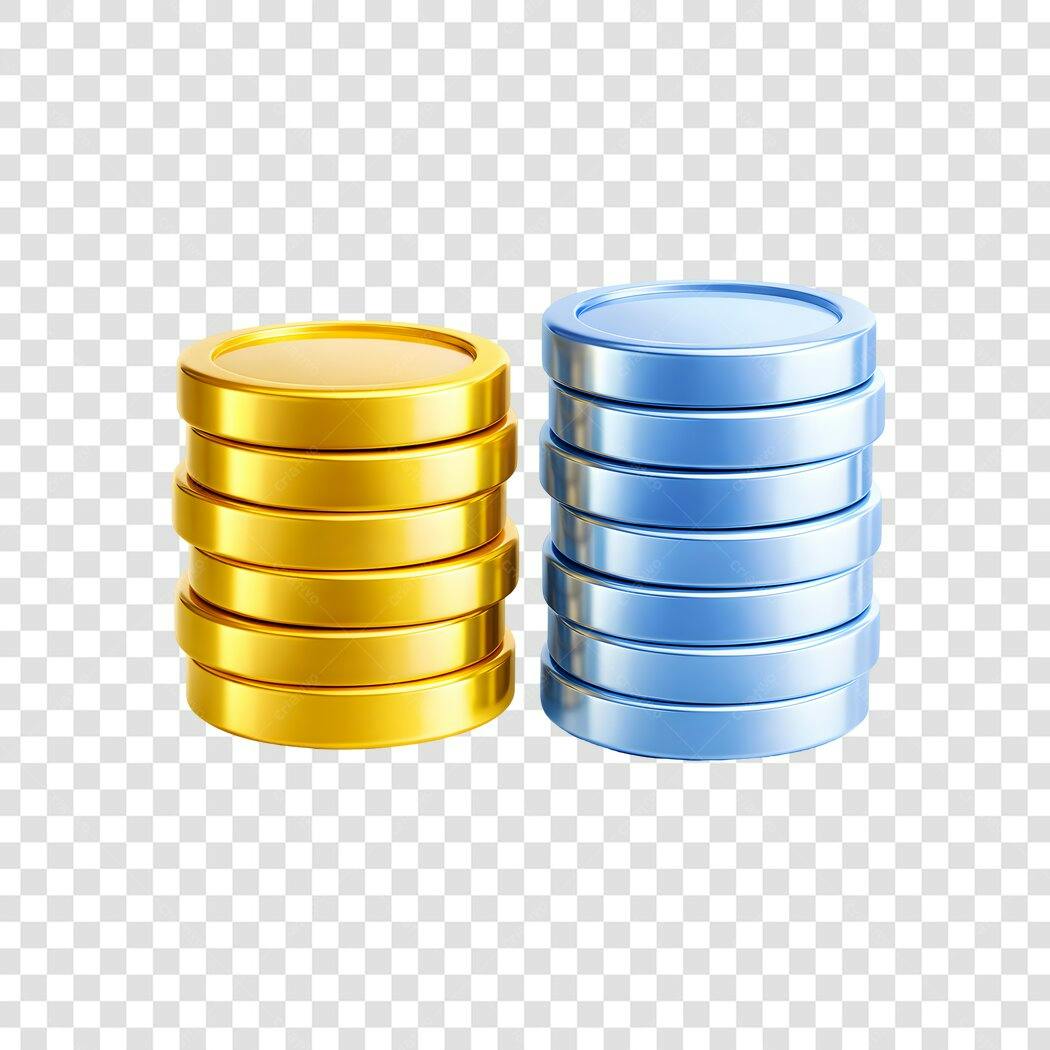 Elemento 3D Pilhas Moedas Douradas Prateadas PNG Fundo Transparente