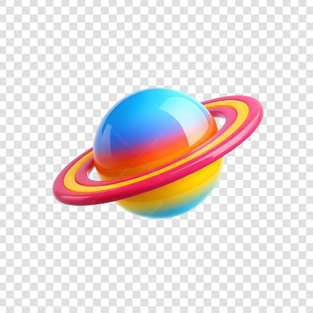 Elemento 3D Planeta Saturno Colorido Brilhante PNG Fundo Transparente
