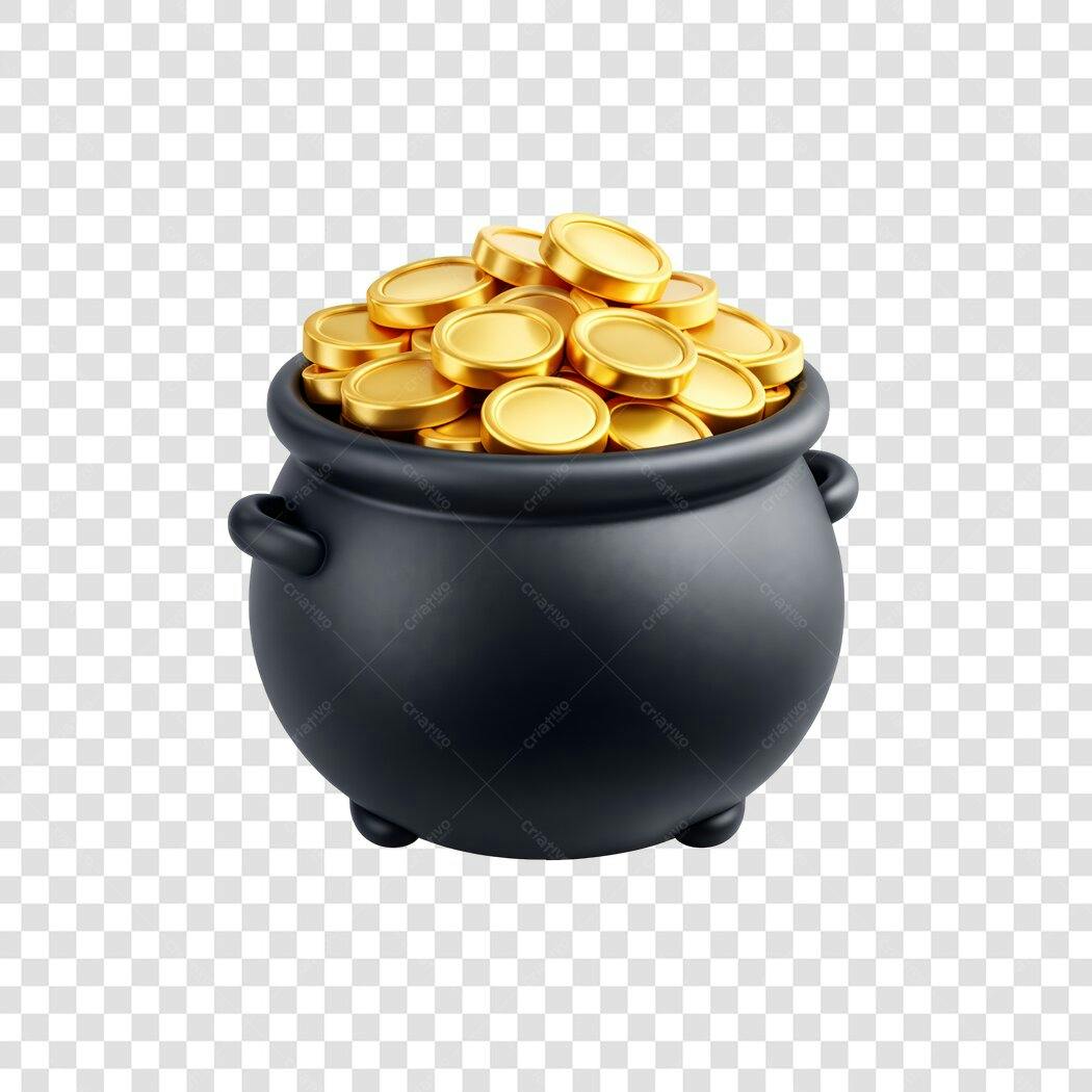 Elemento 3D Pote de Moedas Douradas PNG Fundo Transparente