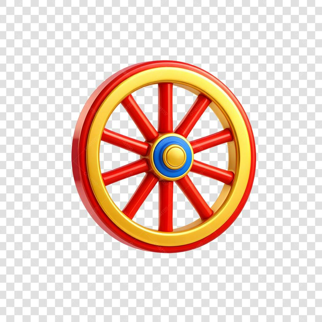 Elemento 3D Roda Carroça Vermelha Dourada PNG Fundo Transparente