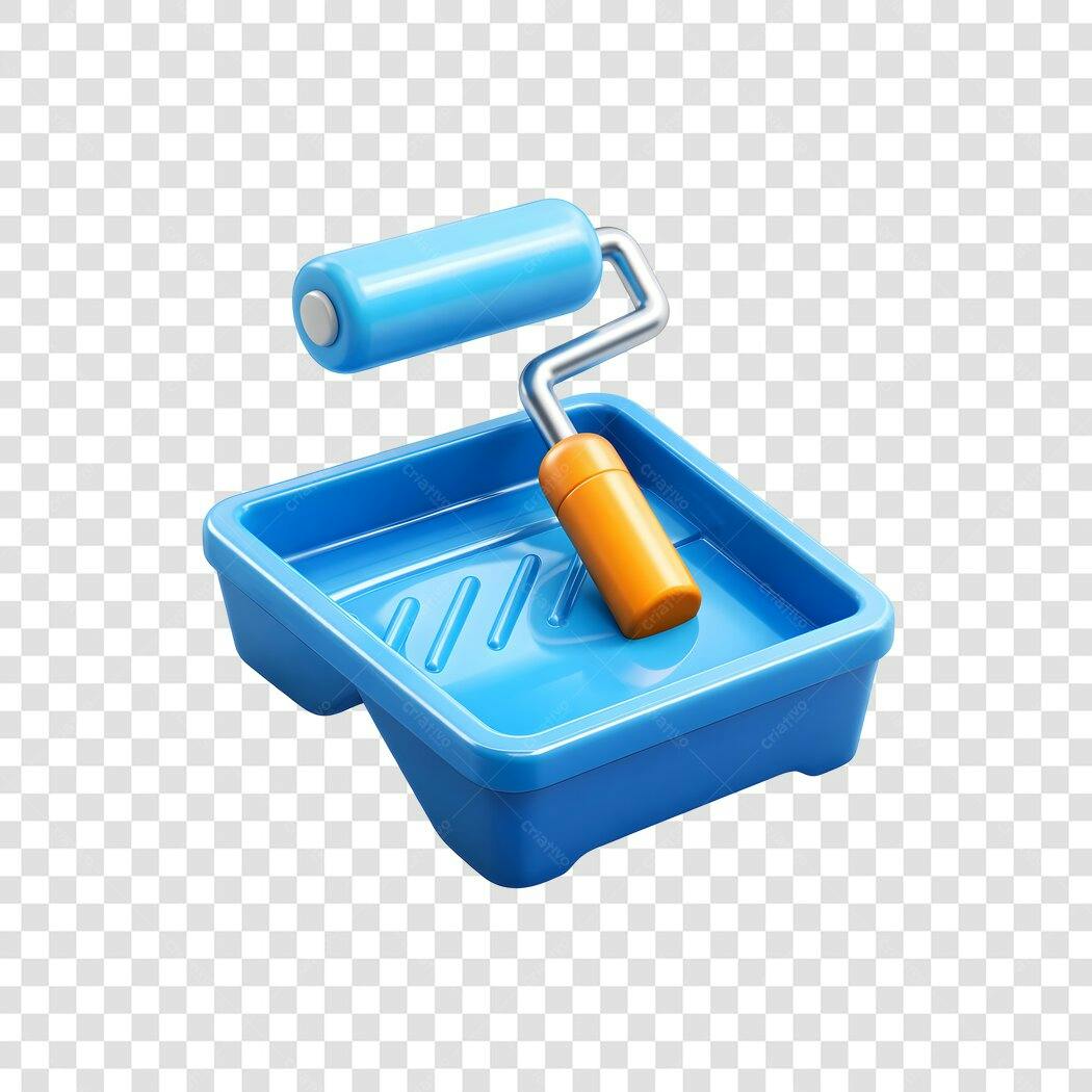 Elemento 3D Rolo de Pintura Bandeja Azul PNG Fundo Transparente