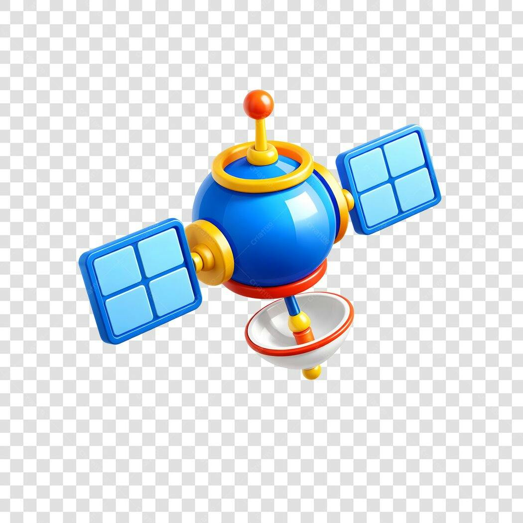 Elemento 3D Satélite Azul Comunicação PNG Fundo Transparente