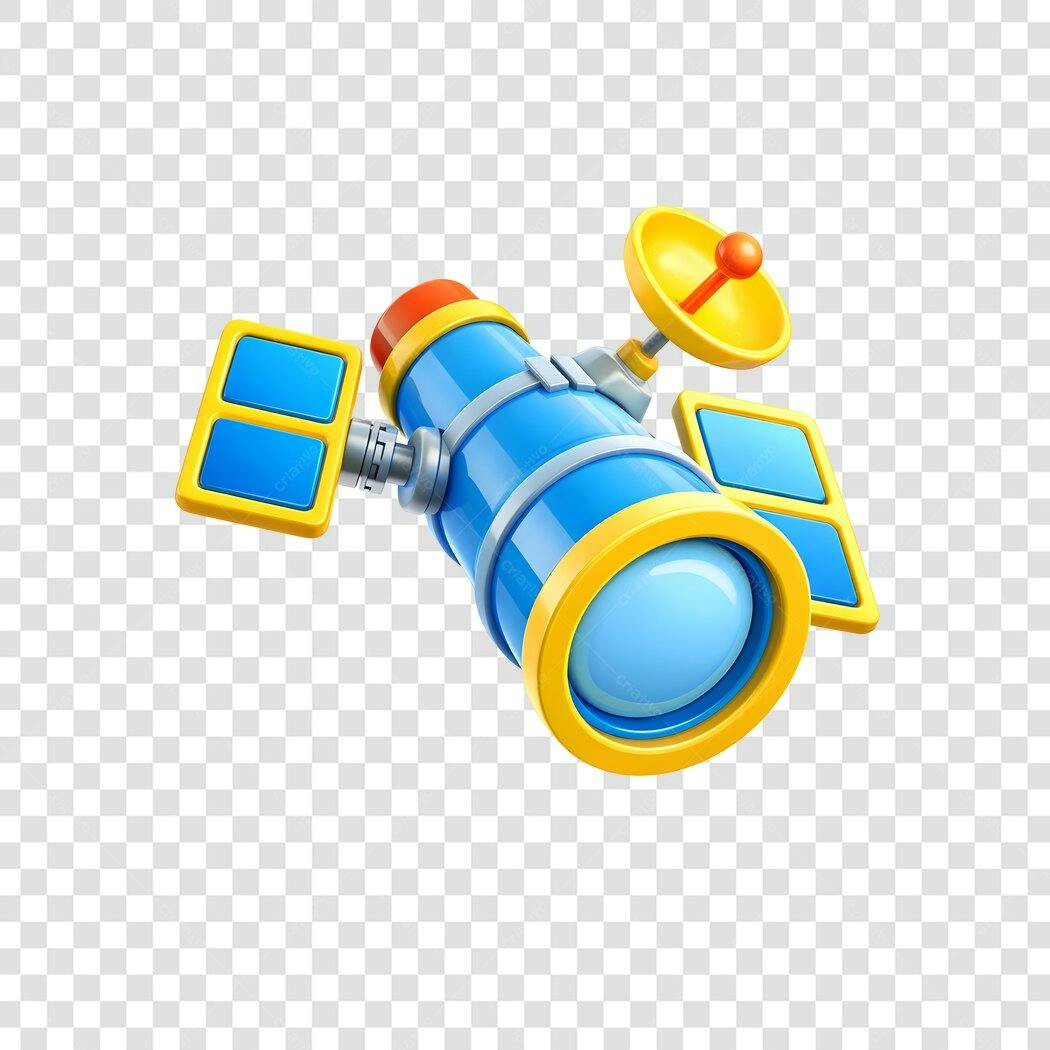 Elemento 3D Satélite Azul e Amarelo PNG Fundo Transparente